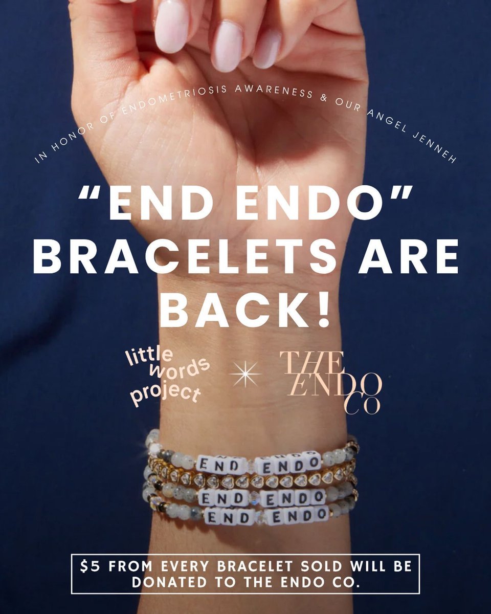 projectendo's tweet photo. We're so excited that the "END ENDO" bracelets are back in Jenneh's honor. Through Little Words Project, $5 from every bracelet sold will be donated to The Endo Co., helping carry forward her mission.

We miss you. Thank you for everything you gave to this community. @theendo.co https://t.co/twCAlrKwTI