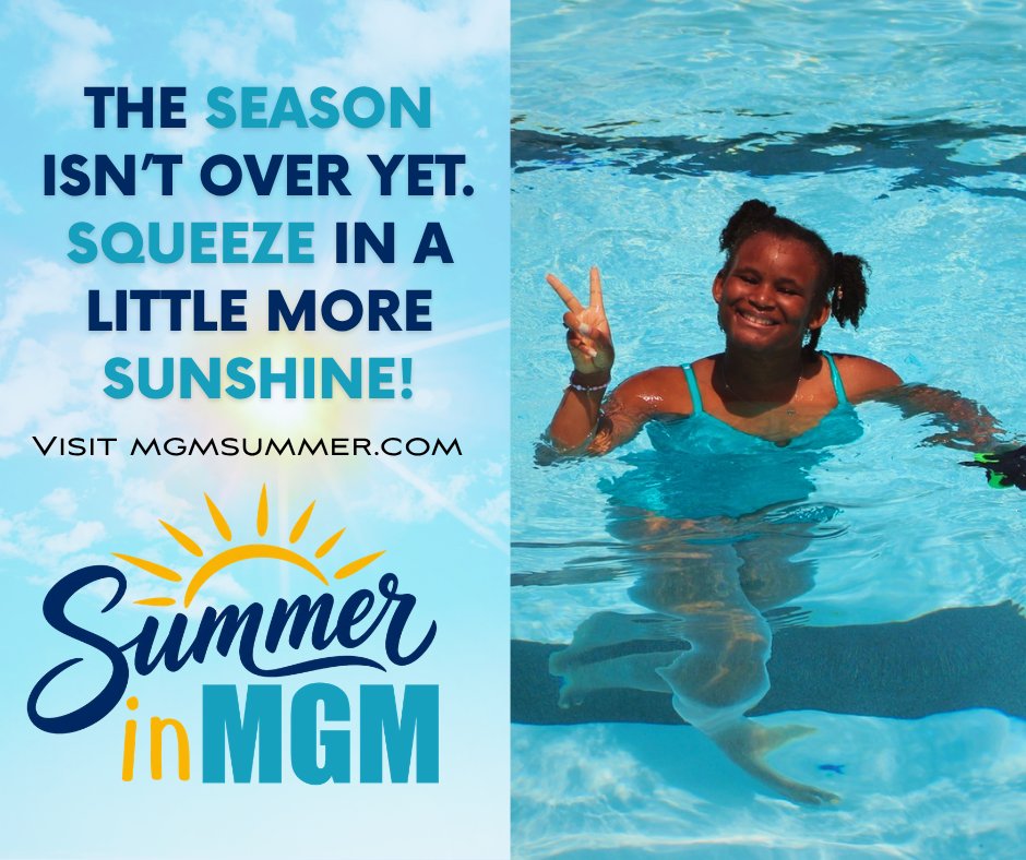 CityofMGM's tweet photo. Make a splash while summer’s still here! ☀️🏊‍♂️ 

Visit your local public pools and enjoy the sunshine. Find pool hours, locations and other details at https://t.co/Xw901zK1JL. #FunInMGM #MGMSummer https://t.co/SSmhZ6CaX0
