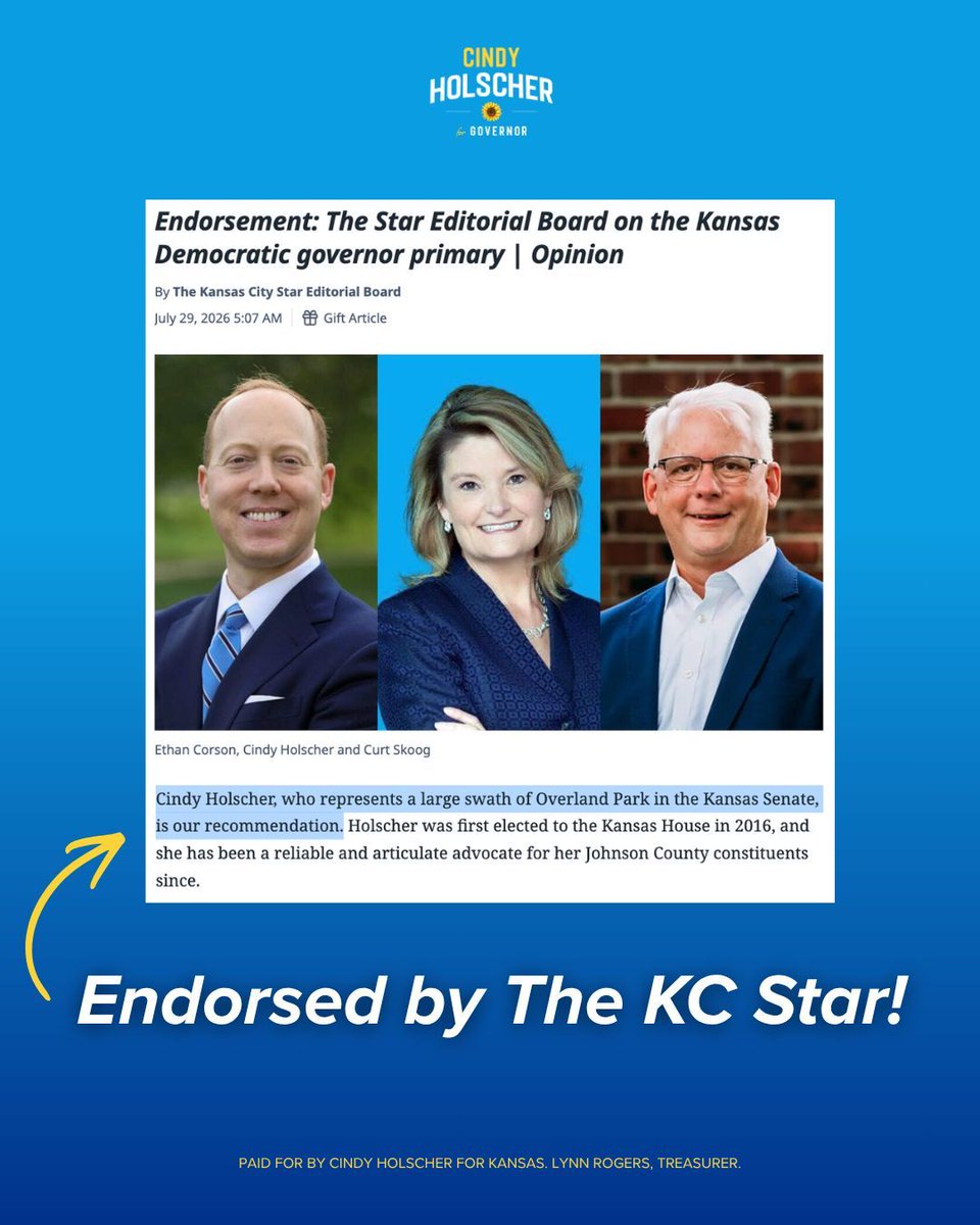 cindy4kansas's tweet photo. I’m honored to have earned the Kansas City Star’s endorsement for governor! Our campaign is fighting for a more affordable future by lowering property taxes and making billionaires pay their fair share. We’re ready to get to work for Kansas families. Vote Holscher on August 4! https://t.co/VpFGl4k9PR
