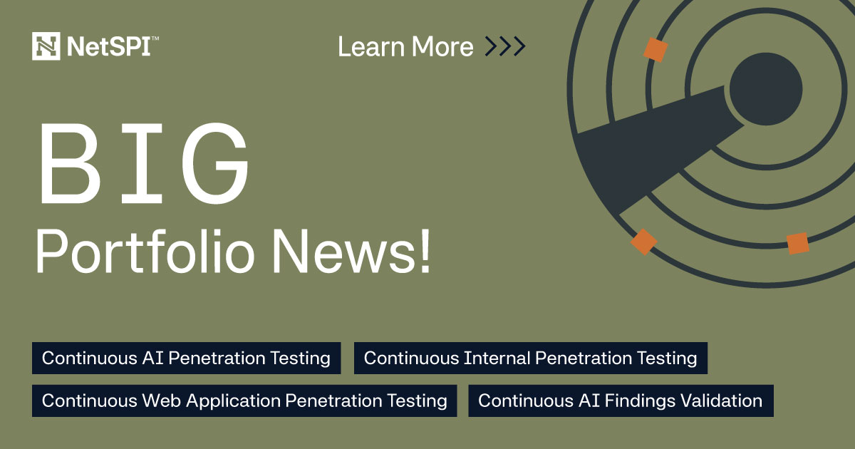 NetSPI's tweet photo. Designed to help your business validate every finding, test continuously, and fix what matters.

Our expanded offerings are designed with AI in mind. Built continuously, so you can have peace of mind. 

learn more: https://t.co/xixxv6yPC3

#ContinuousTesting #PTaaS https://t.co/a14Pl1sqL9