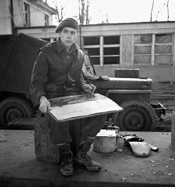 BiblioArchives's tweet photo. Depuis longtemps, les peintres de guerre immortalisent les expériences canadiennes sur les champs de bataille, documentant ainsi l’histoire militaire du Canada. Sur cette photo, Alex Colville peint un tableau en Allemagne, en 1945.
 
📸 3586369 https://t.co/GsyypUndC5