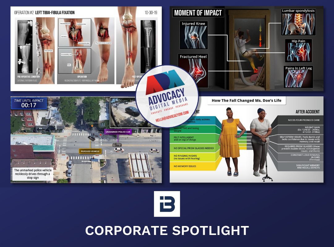 injuryboard's tweet photo. 🌟 This month’s Corporate Spotlight features Advocacy Digital Media—a trusted partner for trial lawyers seeking impactful visual presentations for mediation and trial.

From custom medical illustrations and lifelike 3D animations to event timelines and trial graphics, Advocacy Digital Media helps attorneys transform complex facts into compelling visual presentations. Their team collaborates closely with law firms to create demonstrative evidence that educates, engages, and persuades—making even the most technical cases easier for juries to understand.

Driven by creativity, precision, and a deep understanding of the legal industry, Advocacy Digital Media approaches every project with the care and attention it deserves. Whether preparing for mediation or trial, they help attorneys tell their clients’ stories with clarity, credibility, and lasting impact.

👉 Learn more: https://t.co/oXR2yFgZFi

#InjuryBoard #CorporateSpotlight #IBMemberHighlight #AdvocacyDigitalMedia
