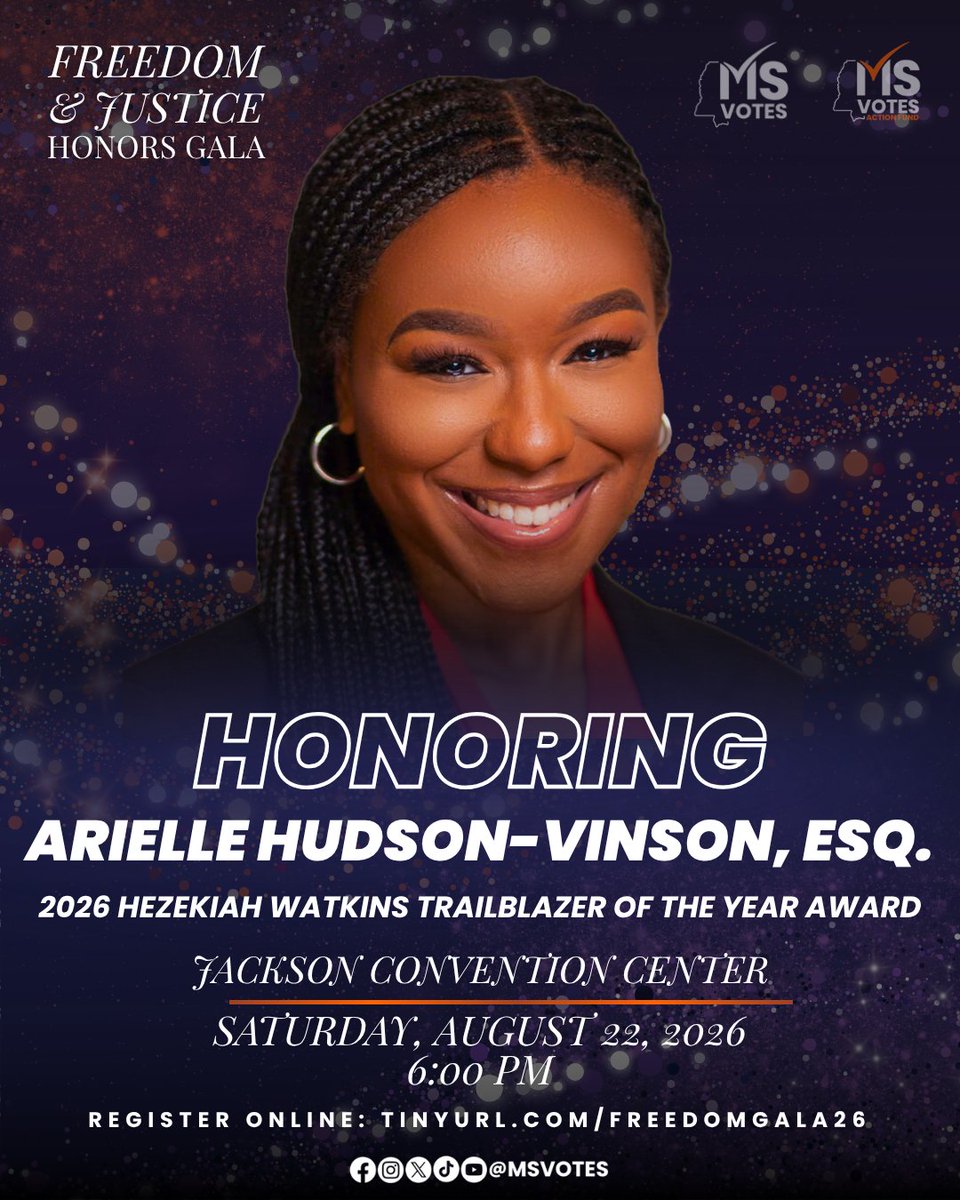 MSVotes's tweet photo. Meet Arielle Hudson-Vinson, recipient of the 2026 Hezekiah Watkins Trailblazer of the Year Award. 

Join us on August 22 as we celebrate her work. 
Tickets available now at https://t.co/4AfvDMXAc0! 

Contact gala@msvotes.org for more info.

#FreedomJusticeGala #FreedomGala26 https://t.co/eH8MJB6J9Q