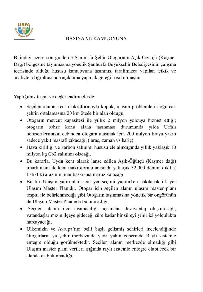 Urfacalismagrub's tweet photo. Bilindiği üzere, son günlerde Şanlıurfa Şehir Otogarı’nın Aşık-Öğütçü (Kaşmer Dağı) bölgesine taşınmasına yönelik Şanlıurfa Büyükşehir Belediyesi’nin çalışma içerisinde olduğu hususu kamuoyuna yansımıştır. Tetkik ve analizler doğrultusunda açıklama yapma gereği hasıl olmuştur. https://t.co/q6do9fQwpO