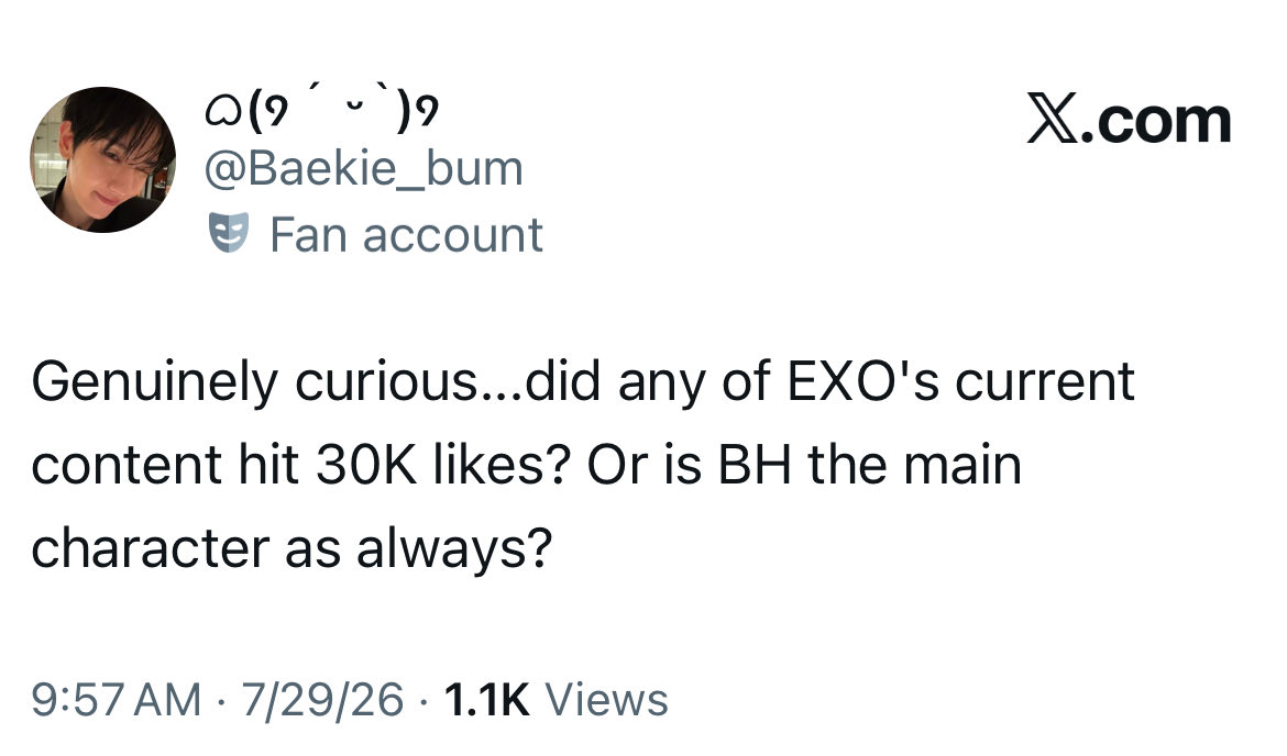 tyrannoksoorus's tweet photo. Imagine having exo haunting your every waking thought despite supposedly not stanning the group. Imagine pulling a random metric out of your ass to help you feel less insecure. EXO the main character as always! https://t.co/wpwAAJLB1o
