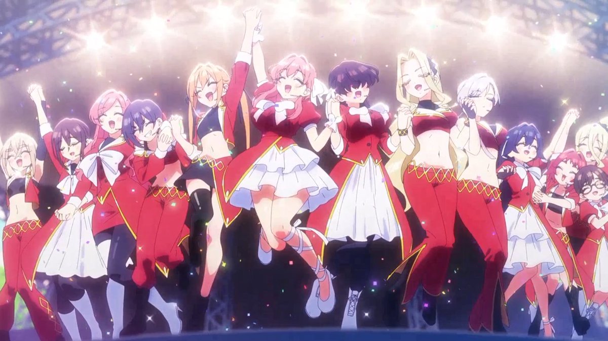 Romcom_Daily's tweet photo. The 100 Girlfriends Who Really, Really Love You S3 Episode 4 ✅

Un épisode que j'ai vraiment adoré parce qu'il met en avant la carrière d'idols. 
On retrouve les clichés de cette carrière au Japon, qui n'est absolument pas facile si on connait bien ce qui se passe derrière cette carrière quand les artistes ne sont pas sur scène. 

Toutes les filles de la Rentaro Family vont remplacer les TKG48 (référence à AKB48)
Chaque membre est blessé et donc elles ne peuvent pas faire le show pour le festival. 
Hahari propose alors à toutes les filles de faire une prestation même si elles sont pas idols. 

Les filles vont s'entrainer avec un coach très strict qui recherche la qualité. Hélas, la moitié n'arrive pas à suivre comme les 3 vaches à lait et leurs gros seins qui font essouffler Hakari, Hahari et Meme. 
Les autres vont défendre leurs amies qui se font rabaisser par Tina, ce dernier n'accepte pas et se contente de partir.
Le passé de Tina a pas été très joyeux quand elle s'est fait elle-même recalée lorsqu'elle voulait être idol.

Le grand jour arrive, le concert est là et la Rentaro Family doivent assuré. 
Même si les filles dirigent bien leurs shows, personne ne vient les voir et ça à cause de Tina qui a fait venir TKG48 pour une séance de dédicace. 
Rentaro alors met le feu comme spectateur en criant sur la prestation des filles pour les encourager et a motivé les visiteurs à voir la Rentaro Family. 
Ce fut long, mais Rentaro et ses amis qu'il a pu faire venir ont réussi à faire venir la foule, et ce fut un succès pour les filles qui ont mis toutes leurs énergies.

Pendant le festival, un manager a vu la prestation de la Rentaro Family et a proposé aux filles de faire carrière d'idols.
Tout le monde était emballé jusqu'à ce que le manager annonce une règle très importante : les idols ne doivent pas avoir de vie de couple ou avoir un petit ami. 
Dans la vraie vie, les idols ne doivent pas avoir une vie de couple derrière 
À peine ont-elles entendu la règle qu'elles disparaissent et renoncent à son offre et redeviennent des filles normales. 
#100Girlfriends #SchoolLife #Harem #Comedy