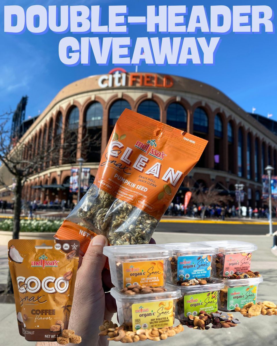 MelissasProduce's tweet photo. ⚾ DOUBLE THE GAMES. DOUBLE THE GIVEAWAY. ⚾

The @Mets are playing two at @CitiField, so we’re picking TWO winners, one for each game, to score a Melissa’s Snax prize pack! 🥜

To enter:
✅ Follow @MelissasProduce
🔁 Repost
💬 Reply METS and tell us your favorite game day snack! 

#LGM #Mets