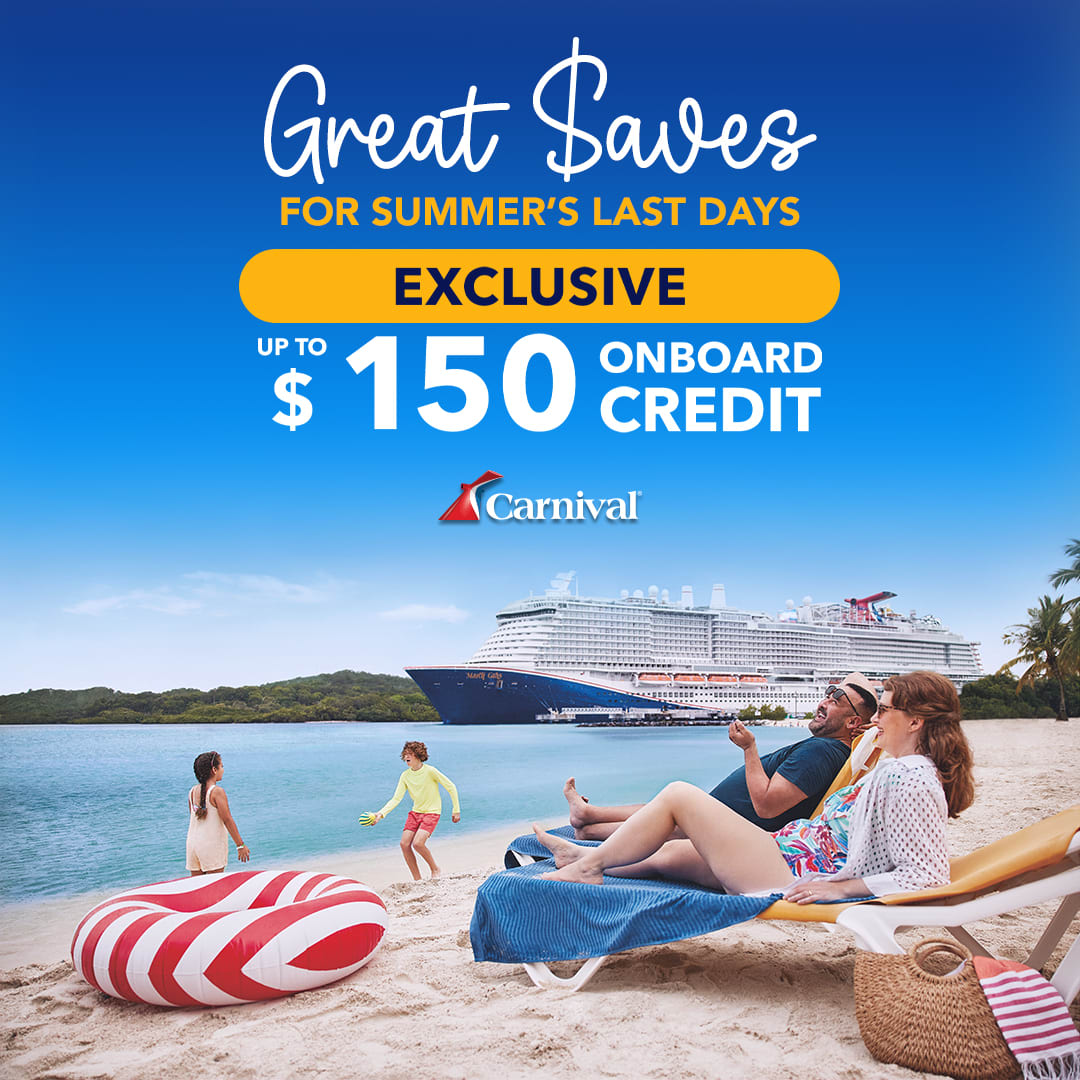 GerberTravel's tweet photo. There's still time for one more summer escape! ☀️ Our Great Saves for Summer's Last Days promotion features special offers on cruises, tours, and resorts, including an exclusive offer of up to $150 in onboard spending on a Carnival Cruise Line getaway. 🛳️ ✨ (410) 203-0022 https://t.co/z1MUiRHLcV