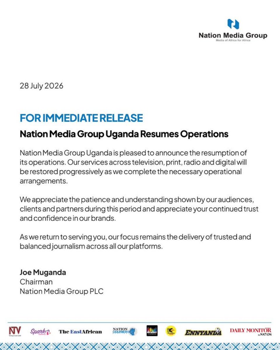 RSF_inter's tweet photo. #Uganda: RSF is glad that @NationMediaGrp outlets have been allowed to resume operations one month after they were arbitrarily ordered to close by army chief @mkainerugaba, son of President @KagutaMuseveni. Now, the outlets must be able to operate freely, without pressure or interference. https://t.co/aGEjEjmCta