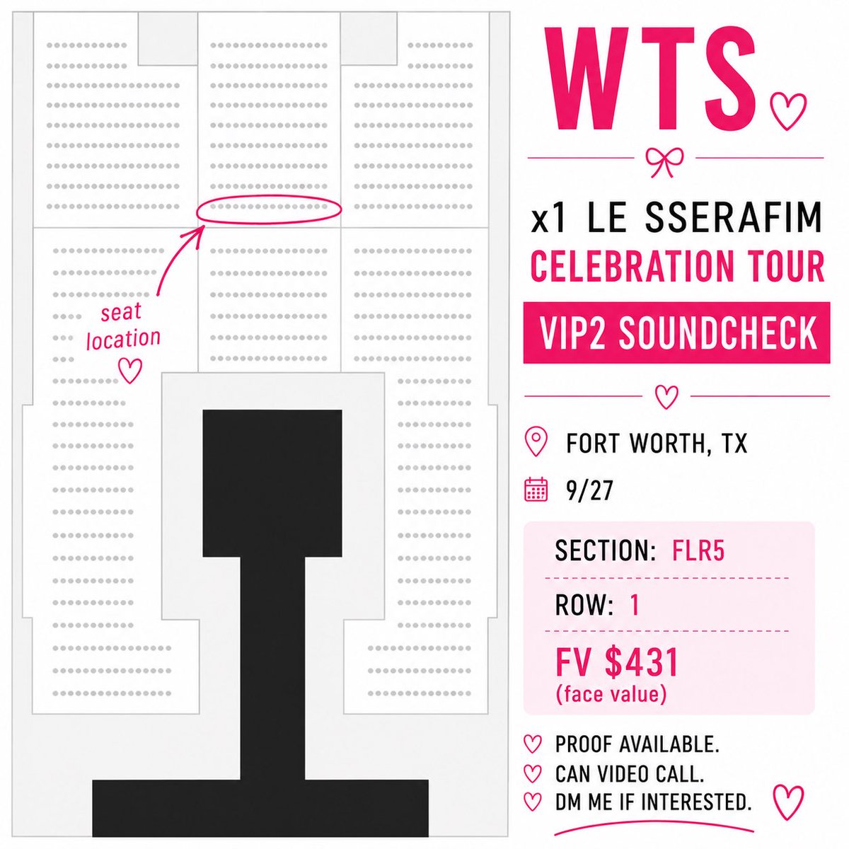 kookiezpen's tweet photo. WTS 💕

x1 LE SSERAFIM Celebration Tour VIP2 Soundcheck Ticket

📍 Fort Worth, TX (9/27)
🎀 FLR5 Row 1
💗 FV $431
✅ Available

can provide proof
 will facetime during transfer
dm me if interested! https://t.co/M0tyxgMI1a