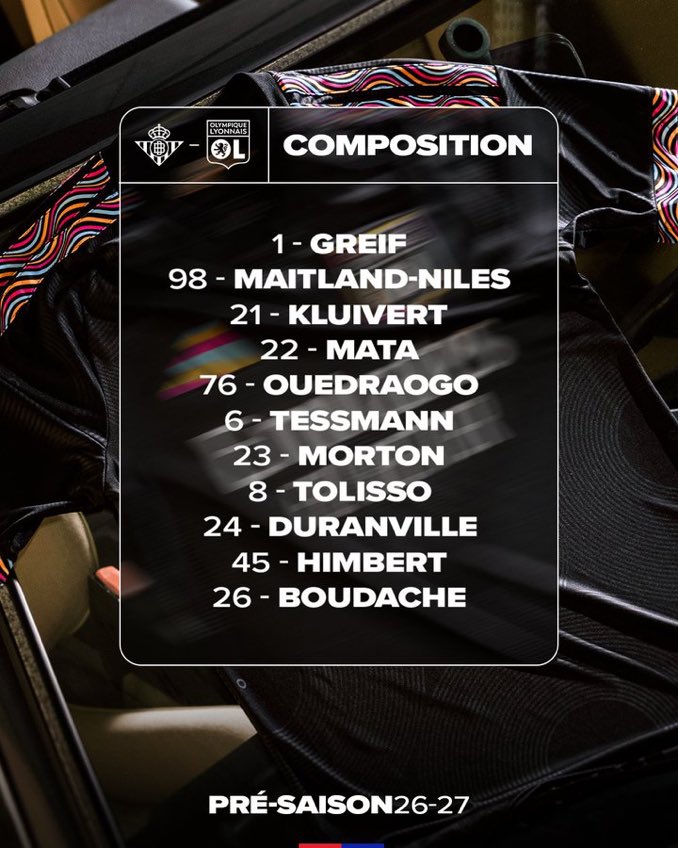OL_Turkce's tweet photo. Takımımızın hazırlık maçında Real Betis karşısında 11'i.

#TeamOL https://t.co/M3x28z8f6C