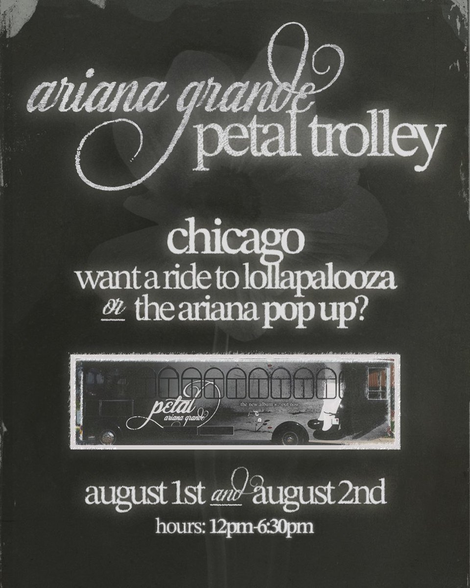 TeamAriana's tweet photo. petal trolley ꕤ 。˚ enter for a chance to get a one-way ride to or from the eternal sunshine pop-up/lollapalooza 
 
please read through the slides below for all information on the pop-up experience! https://t.co/9M8v0GA5MC
