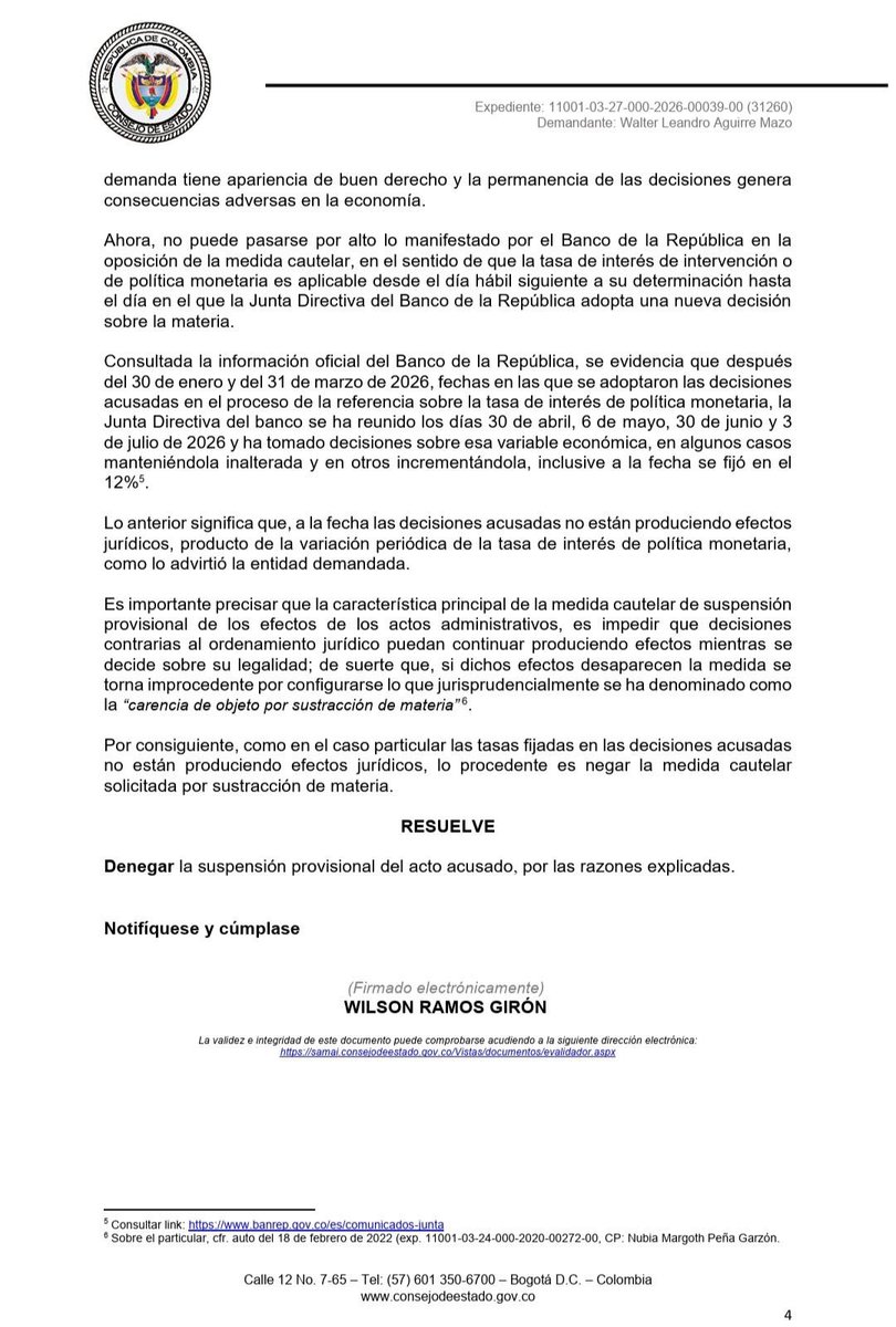 carlosgfajardo's tweet photo. Concejo de Estado resolvió nuestra medida cautelar de suspender aumento tasas de interés @banrep. No la concedió, pero no negó ninguno de nuestros argumentos técnicos, no resolvió de fondo lo importante, alzas antitecnicas. De hecho acepta nuestros argumentos. Resuelve argumentando que tasas demandadas (enero y marzo) ya no existen, se cambiaron en mayo, por tanto no puede suspender lo que no está, a pesar que la nueva tasa es incluso más alta. ¿Que opinaría un abogado sobre esto?