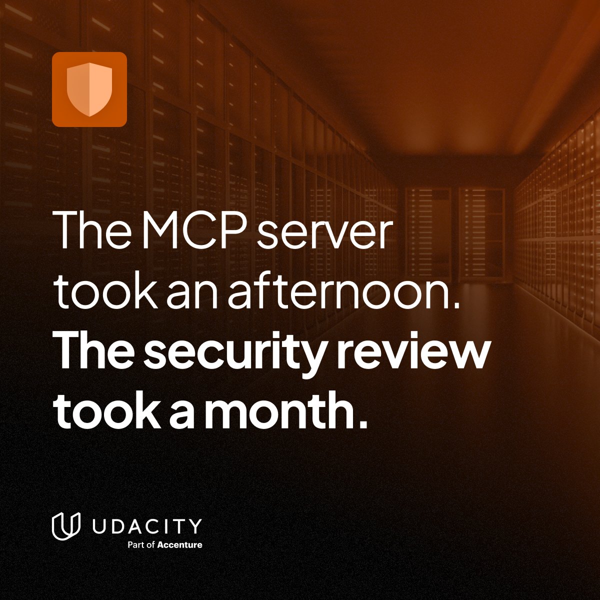 udacity's tweet photo. The first MCP server most teams ship takes an afternoon. The security review that follows takes a month, because the server can reach every table in the database, the API key is sitting in a config file, and nobody can say what the agent did with any of it. 

Scoped access, a secret-leak gate in CI, an audited loop: that layer is the actual engineering, and in the AI Engineering with Claude Nanodegree program you build it alongside the server, because in production they are the same job. 

Learn more: https://t.co/0pF7Q4BmY0

#AIEngineering #MCP #Claude #AgenticAI