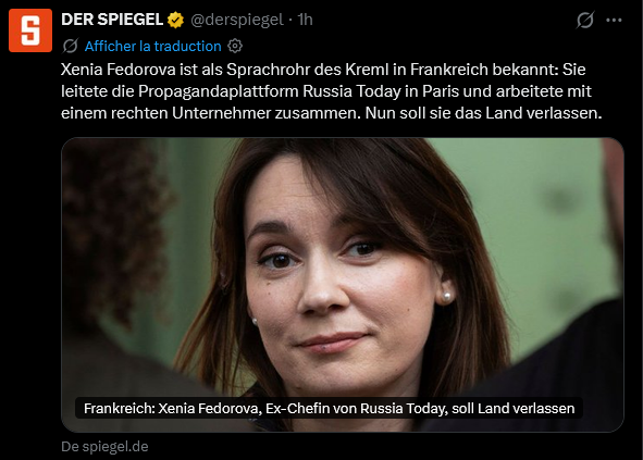 ObsDelphi's tweet photo. 🇫🇷🇷🇺La presse allemande dit les termes sur l'expulsion de Fedorova.

Der Spiegel la qualifie de « porte-parole du Kremlin en France » qui « collabore avec un entrepreneur d'extrême-droite ».

Les termes sont clairs, tout le monde voit cette situation et les seuls à s'offusquer sont... les Français, souvent liés à l'extrême-droite, qui parlent d'atteinte à la liberté d'expression sans même réfléchir à l'impact de la propagande d'un pays ennemi sur nos chaînes TV.

Son expulsion est clairement la meilleure nouvelle de l'été en ce qui concerne le domaine des ingérences étrangères. Le Kremlin perd sa meilleure propagandiste en France, c'est un coup dur pour Poutine mais le combat n'est pas gagné pour autant.

CNEWS et Bolloré n'abandonneront pas si facilement que cela, ils vont probablement lui permettre d'intervenir en visio. De même que la presse écrite, elle continuera probablement à publier ses textes propagandistes écrits avec ChatGPT dans les colonnes du JDNews.

Il faudra donc être patient. Une fois expulsée, la question des sanctions internationales sera probablement étudiée plus sérieusement et permettra, enfin, de taire sa propagande en France une bonne fois pour toutes.

Le plus dur est fait, mais le combat ne s'arrête pas là.