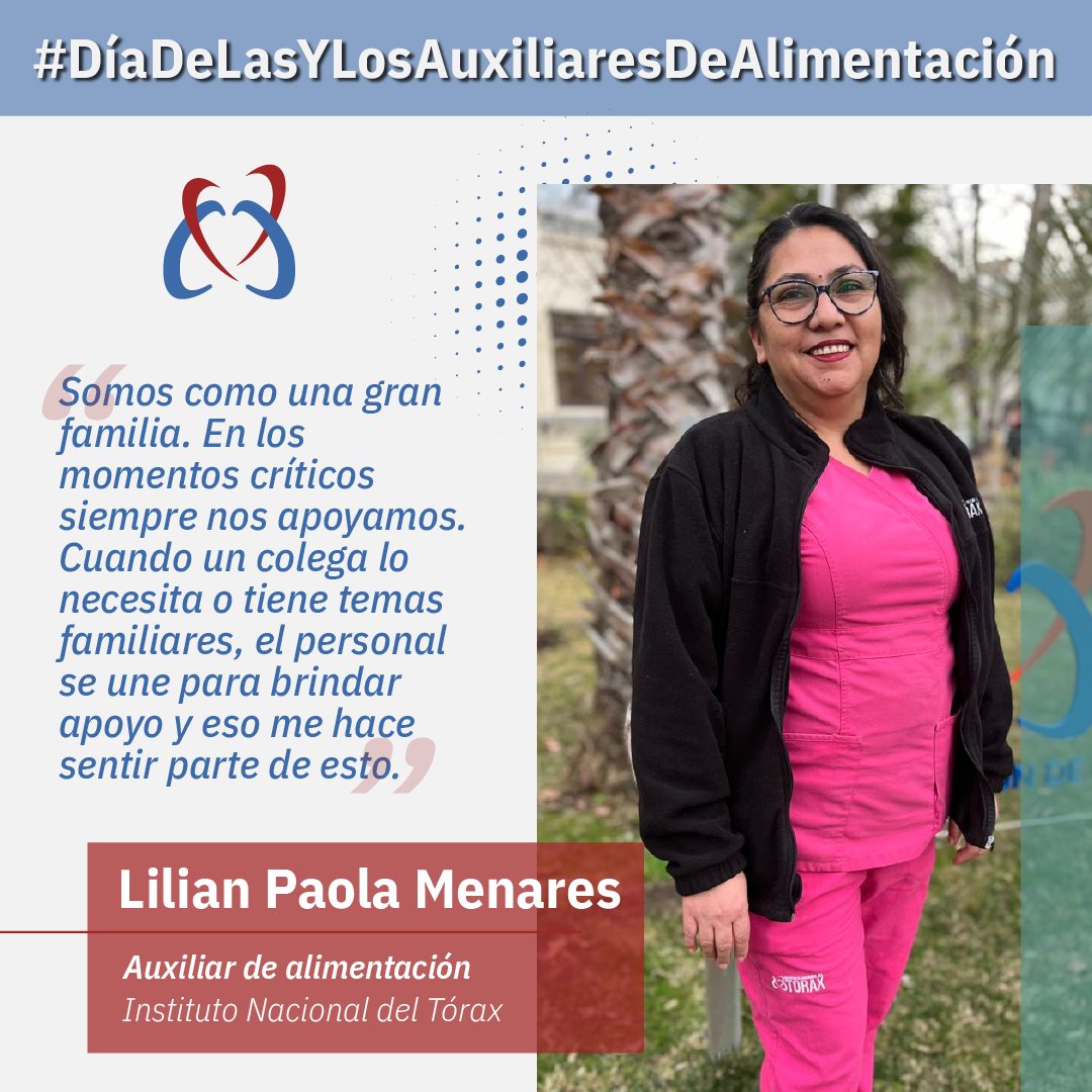 Toraxchile's tweet photo. Nutrir a los pacientes y acompañar al equipo de salud en su día a día. En el #DíaDelAuxiliarDeAlimentación saludamos a Paola y a su equipo en el INT.

"Me gusta el contacto con la gente al almorzar y el apoyo que nos damos entre compañeros". ¡Gracias por cuidar de todos!✨ https://t.co/CZJrp0nrg9