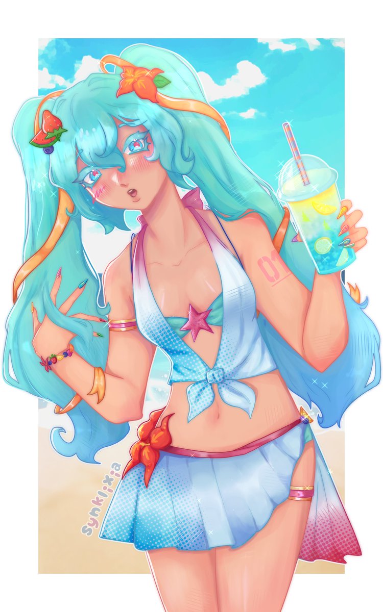 synklixia's tweet photo. I corrected a lifelong mistake and finally drew #HatsuneMiku 🍉🧋
(Inspired by the Tropical Summer figure)

#digitalart #fanart https://t.co/BCVoDNgjMR