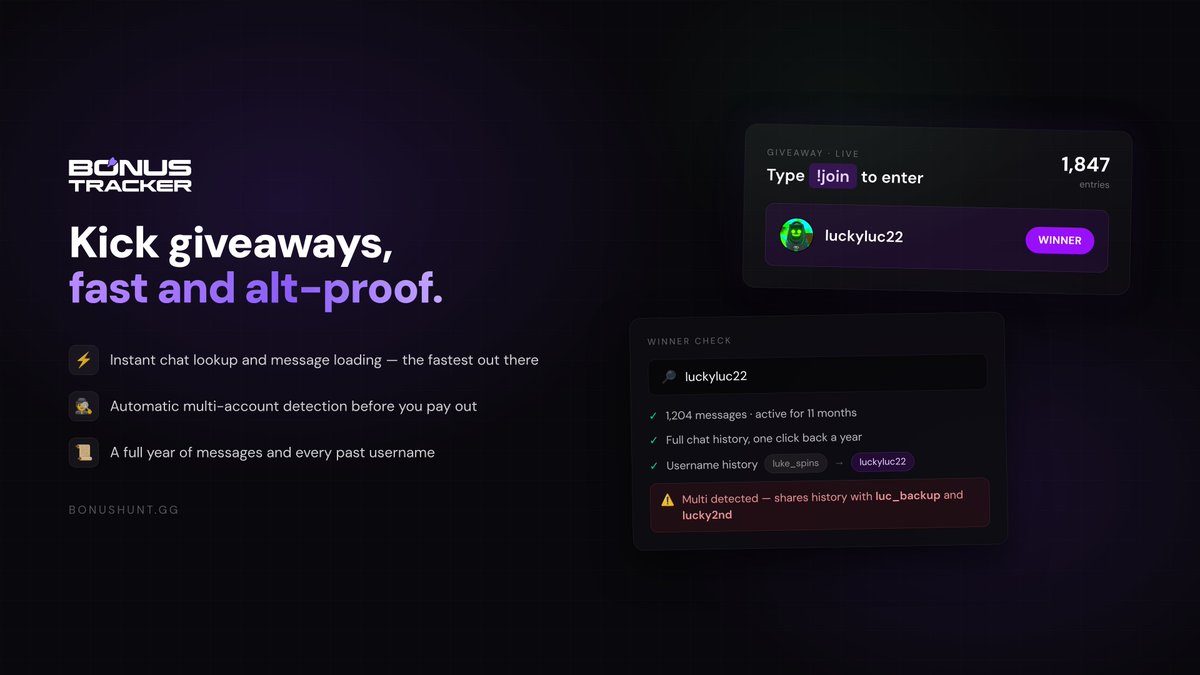 BonusHuntdotGG's tweet photo. Rolling giveaways on Kick? Ours is different.

Instant winner lookup with a full year of chat history, and automatic multi-account detection before you pay out.

Fastest one out there. Live now on https://t.co/bM2MbKKHfd https://t.co/2Q7XzrLLLQ