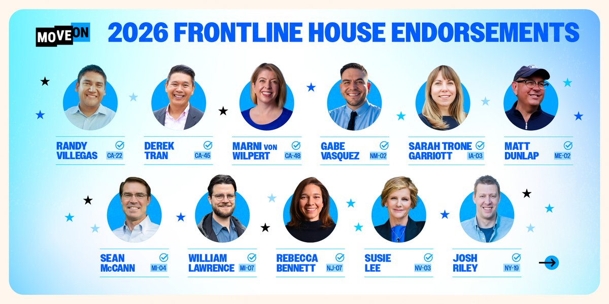MoveOn's tweet photo. The future isn't written yet. This November, we can elect leaders who will fight for working people, protect our freedoms, and put people before billionaires. Flipping the House starts with candidates like these. We're proud to endorse them. https://t.co/ILMgkGMlFP