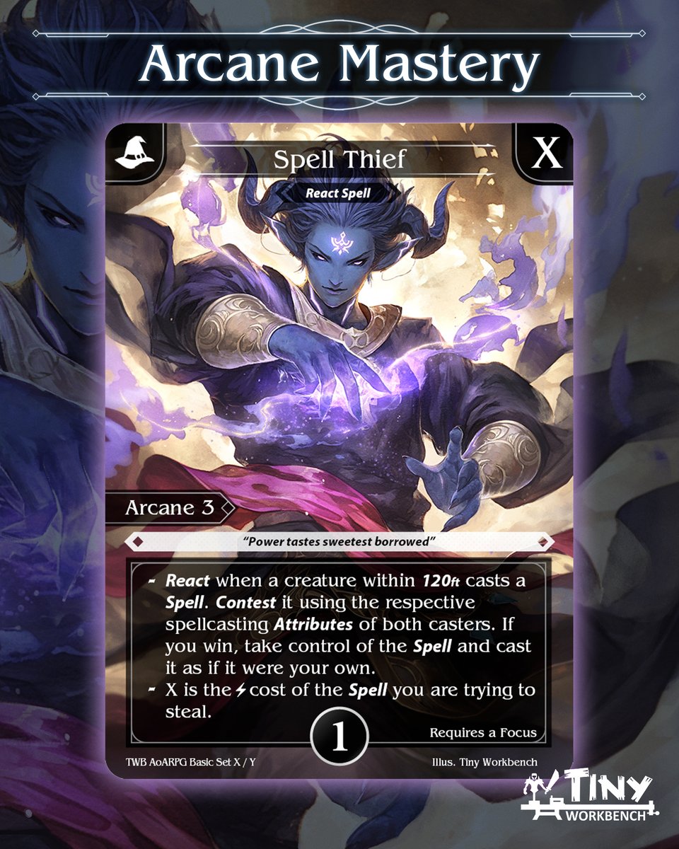 AoARPG's tweet photo. ✨ Spell Thief – Arcane Mastery Card Reveal!
Steal an enemy’s spell and turn it against them. Contest their casting and make their magick your own!
Would you be an Arcane Mage? Let us know below!#AeonsOfAdventure #TTRPG https://t.co/cyw9nUJnCJ