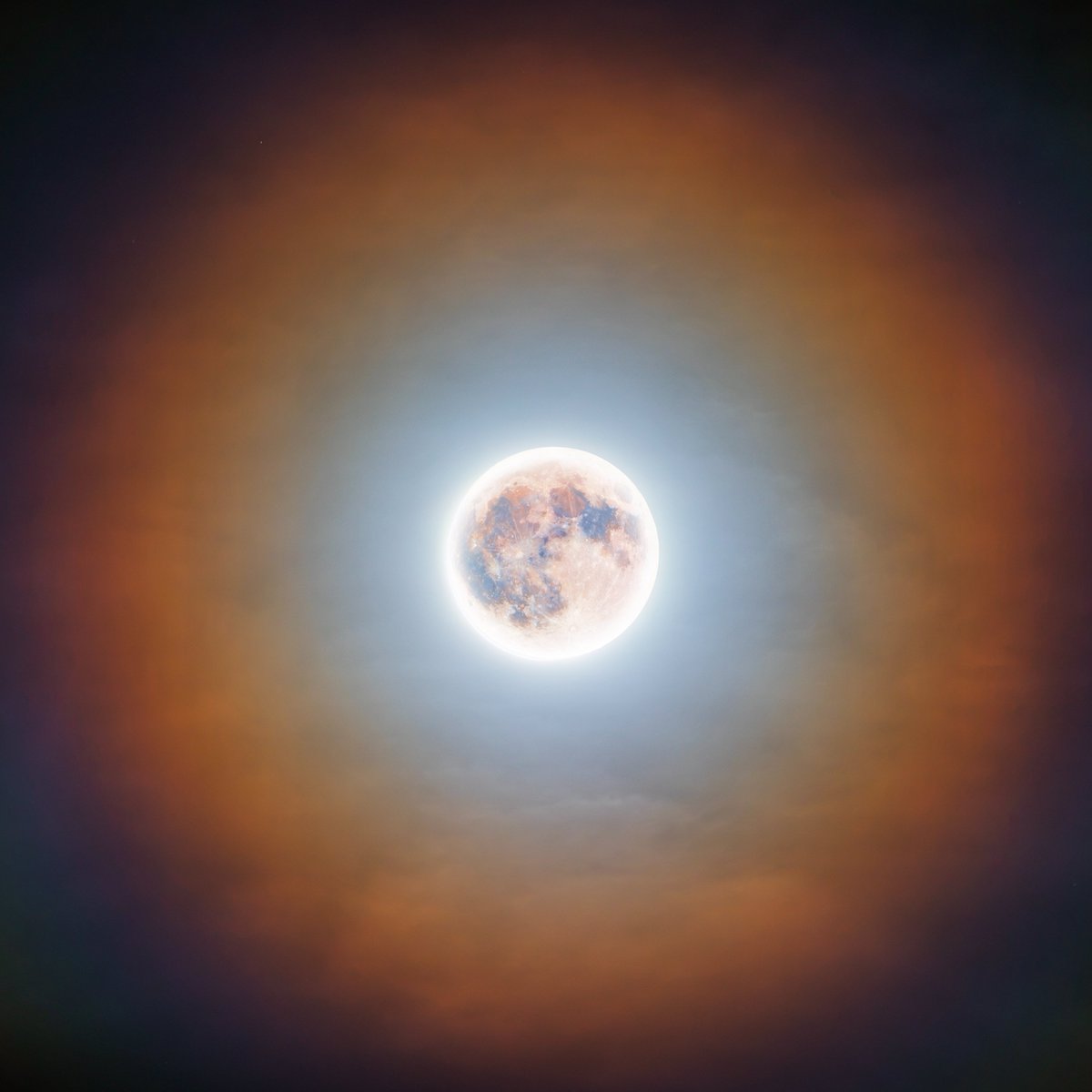 AJamesMcCarthy's tweet photo. The 2026 Buck Moon as it appeared over Southern Arizona last night. Think clouds acted as a prism, splitting the broadband light from the moon into a stunning array of colors.

This is an HDR composite captured from two photos, one exposed for the moon, one exposed for the halo. https://t.co/mO0GmADILa