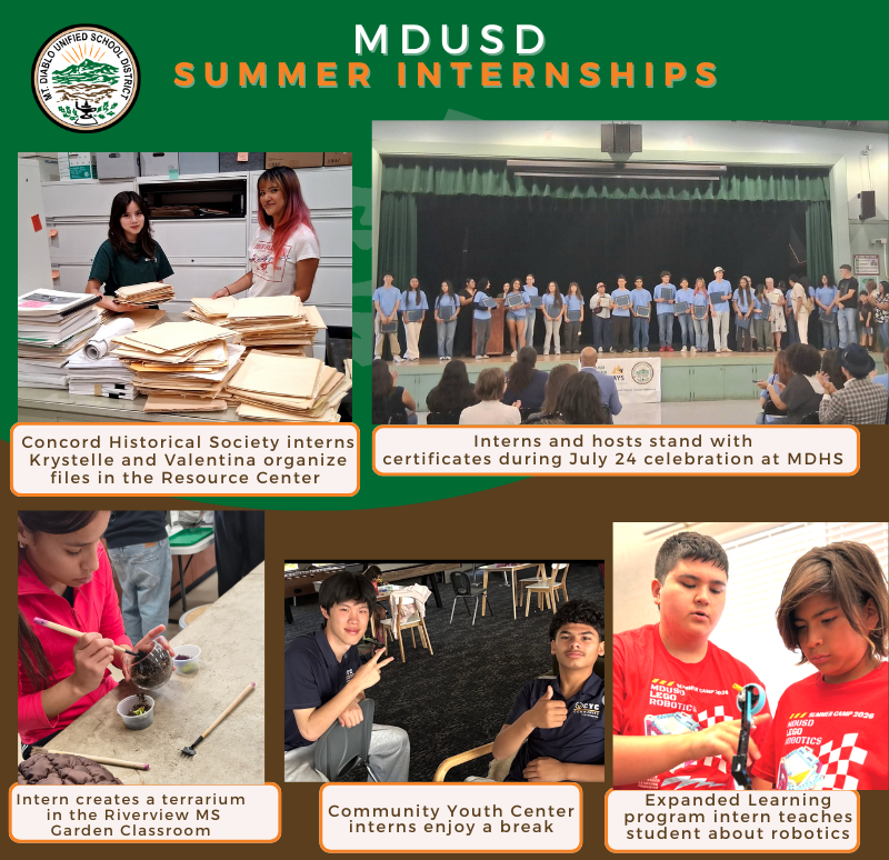 MtDiabloUSD's tweet photo. More than 100 #MDUSD High School students get college credits &amp; work experience through Summer Internships with more than 40 local business, nonprofit &amp; District Department employer hosts. They learned valuable life and career skills such as collaboration. https://t.co/Yxwdo4ZgL4 https://t.co/ZvgoGPVLXz
