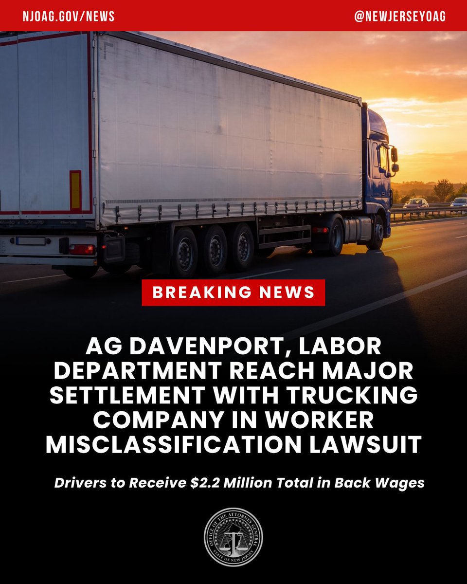 NewJerseyOAG's tweet photo. Corporate wrongdoers shouldn’t be able to pad their profits by cutting corners and misclassifying workers.

Together with @NJLaborDept, we’re making STG Logistics pay back millions to truck drivers hurt by its illegal practices.

https://t.co/QCYcUusYp2 https://t.co/IjGuQsyhFm