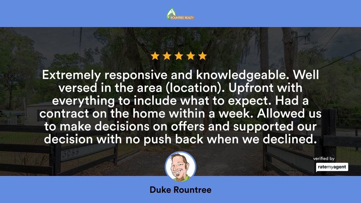 RountreeRealty's tweet photo. My latest RateMyAgent review in Citra.

https://t.co/DfhU3uMNwX

...
#ratemyagent #realestate #ROUNTREE_REALTY_CORP https://t.co/ILJrv0TmKk
