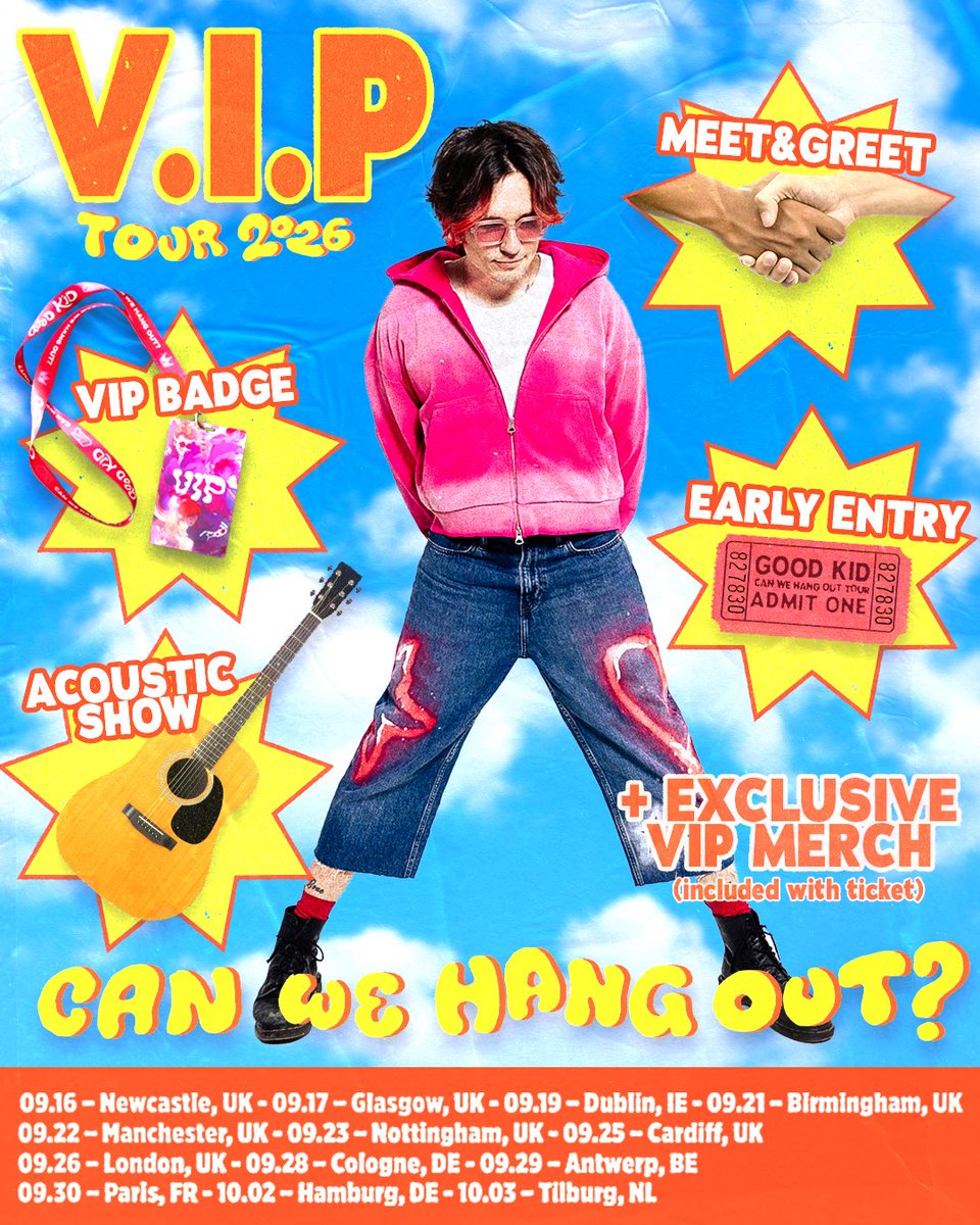 goodkidband's tweet photo. 🌟CAN WE HANG OUT TOUR VIP BENEFITS🌟
Here’s what the VIP tickets to our show include:
 • Early access to the venue and merch table 🥇 
 • Pre-show acoustic performance 🎤 
 • Meet & greet with the band 🤝 
 • VIP badge and lanyard ⭐️
 • Exclusive VIP merch package 🎁 (included in the price!) 

There’s a very limited number of VIP tickets for each city  (London and Tilburg VIP are already sold out!) so grab yours while you still can!