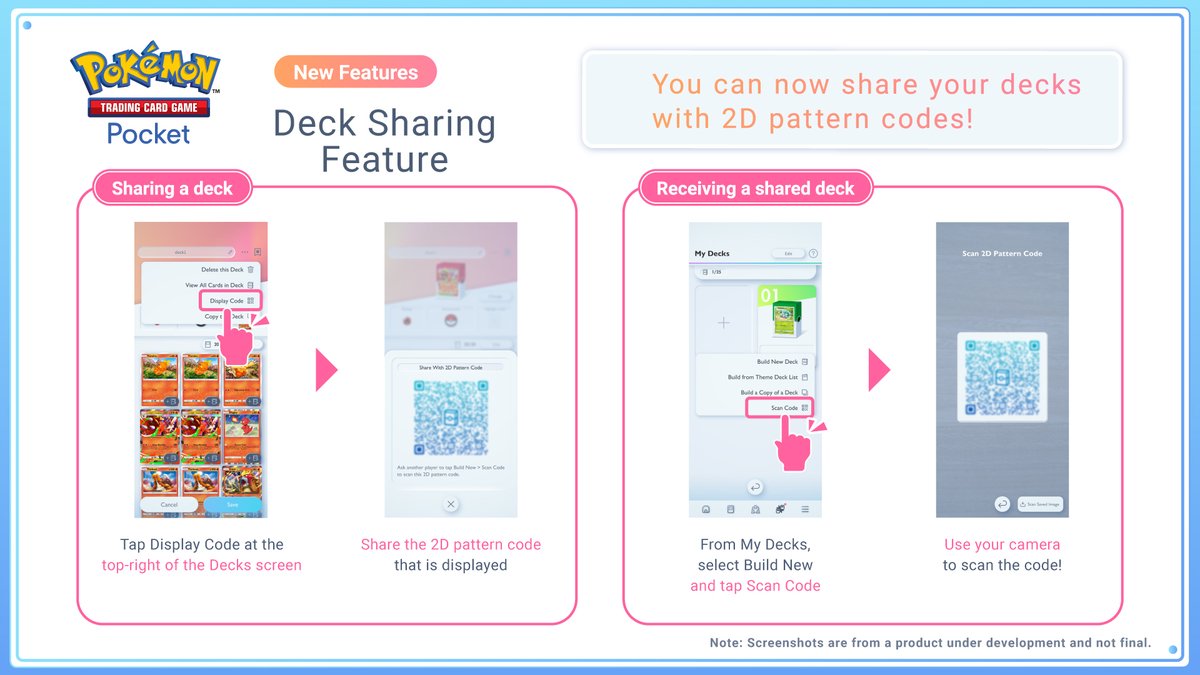PokemonTCGP's tweet photo. Start sharing and receiving decks quickly and easily with the introduction of 2D pattern codes 🌟

Use the new Display Code option to share your codes with other players, or tap Scan Code from My Decks to utilize the camera for receiving already-shared decks 🔄 https://t.co/NfnmogSun2