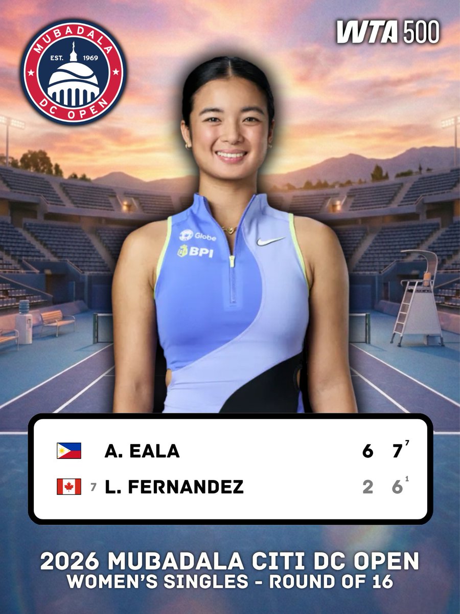 itsacewinner's tweet photo. 𝟐𝟎𝟐𝟔 𝐌𝐮𝐛𝐚𝐝𝐚𝐥𝐚 𝐂𝐢𝐭𝐢 𝐃𝐂 𝐎𝐩𝐞𝐧 🎾

World Rank 2️⃣8️⃣ Alexandra Eala 🇵🇭 def. World Rank 3️⃣4️⃣ Leylah Fernandez 🇨🇦

Alexandra Eala advanced to the Quarterfinals of the 2026 Mubadala Citi DC Open! 🔥

#MubadalaDCOpen https://t.co/9oFnRpYRNg