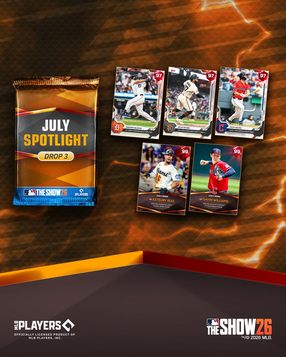 MLBTheShow's tweet photo. The July Spotlight Drop 3 Program brings you these 💎s for your squad:

🔦 Spotlight Kazuma Okamoto 💎
💎 @Topps Now Wilyer Abreu
💎 @Topps Now Zack Thornton
+📦 July Spotlight Pack 3  

Live tomorrow around noon PT in MLB The Show 26! https://t.co/OGRWwkCY7K