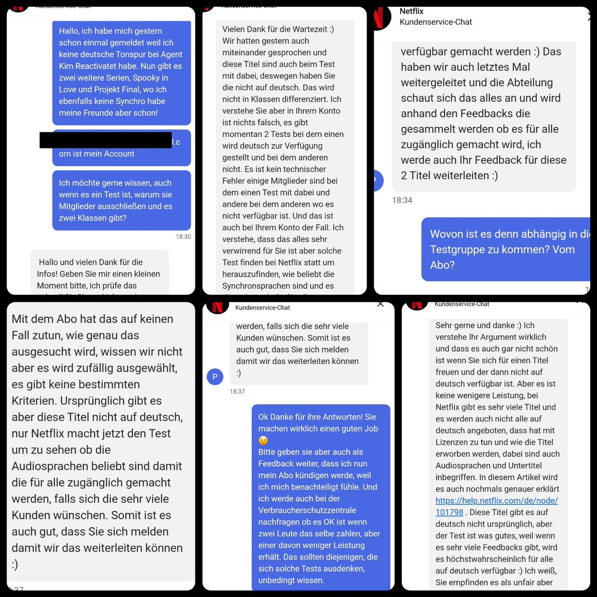 Base4ever's tweet photo. Ich habe mein Netflix-Abo nun gekündigt. Ich habe heute zwei weitere Serien herausgefunden, bei denen ich die deutsche Tonspur wegen dieses „Tests“ nicht erhalte, andere Freunde aber schon!
Diejenigen, welche die deutsche Tonspur erhalten, glauben nicht, dass es KI-Synchros sind, und nach dem Chat mit Netflix, den ich euch angehängt habe, vermute ich nun auch eher, dass der „Test“ darauf abzielt herauszufinden, wie tolerant die Zuschauer bezüglich fehlender Synchronisation sind, um dann durch die Auswertung ggf. ein weiteres Druckmittel im Streit mit den Synchronsprechern in der Hand zu haben!
Sollten bei euch auch deutsche Tonspuren fehlen die andere aber haben, dann nehmt das nicht hin und meldet es, damit Netflix weiß, dass sie zu weit gehen!