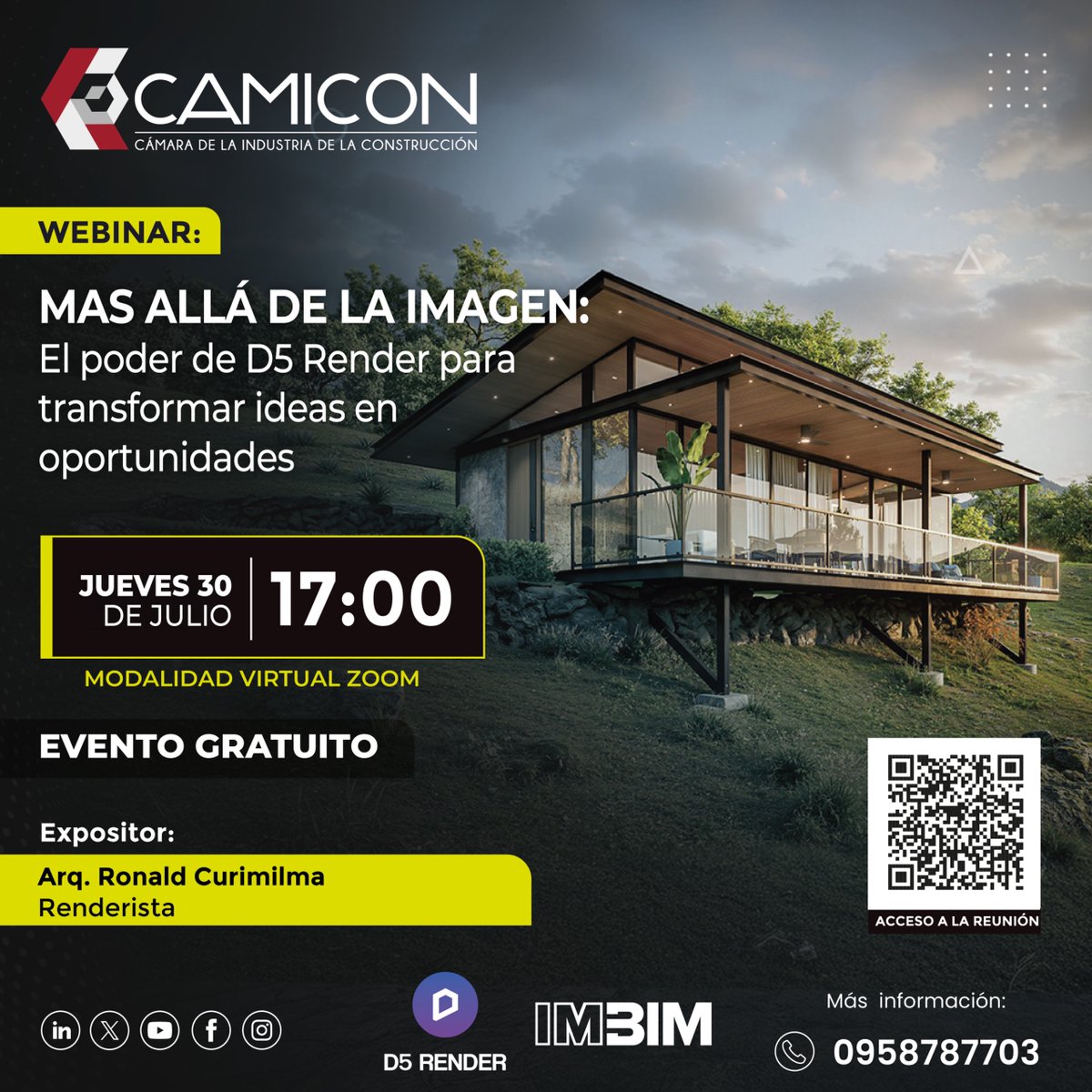 camicon_ec's tweet photo. 📢 WEBINAR GRATUITO| Más allá de la imagen: El poder de D5 Render para transformar ideas en oportunidades

🎙️ Expositor: Arq. Ronald Curimilma
📅 Jueves 30 de julio | 17h00
💻 Zoom: https://t.co/XdGJkMhJHI
📲 Más información: 095 878 7703

@imbimecuador https://t.co/S6mCmo7bfN