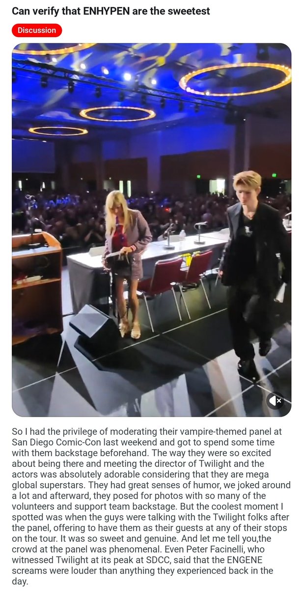sinswallower's tweet photo. This Reddit Engene who was a staff at Comic Con shares about how Enhypen really are the sweetest people backstage.

The stories of them genuinely showing interest and friendship to the staff wherever they go is so consistent even when cameras aren't rolling. https://t.co/PATo78ozHv