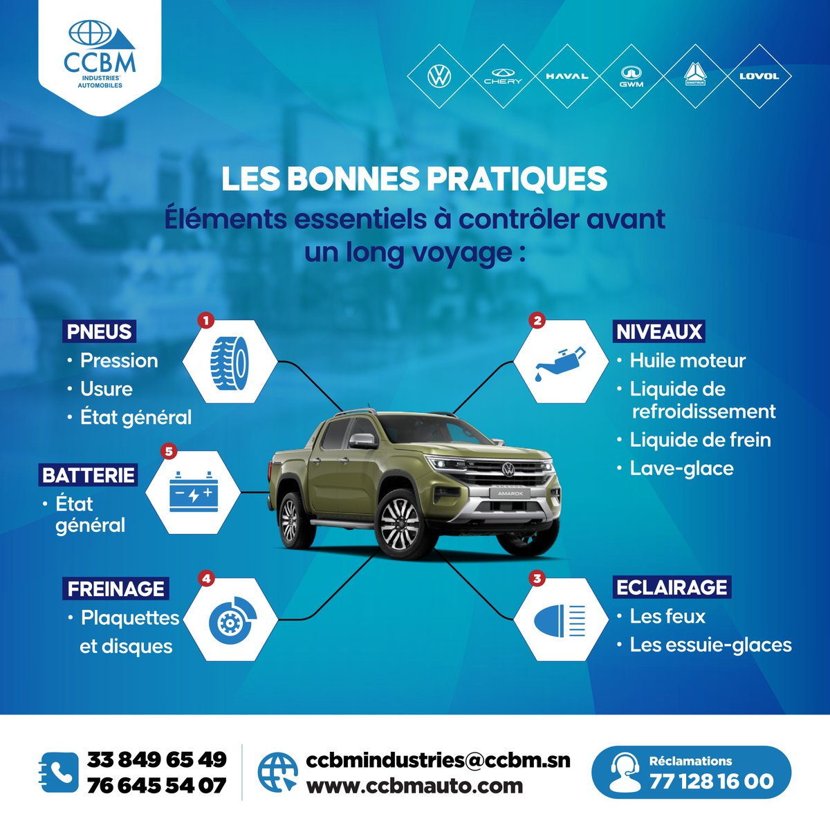 ccbmind's tweet photo. LE MAGAL APPROCHE!
𝐀𝐝𝐨𝐩𝐭𝐞𝐳 𝐥𝐞𝐬 𝐛𝐨𝐧𝐧𝐞𝐬 𝐩𝐫𝐚𝐭𝐢𝐪𝐮𝐞𝐬 𝐚𝐯𝐚𝐧𝐭 𝐝𝐞 𝐩𝐫𝐞𝐧𝐝𝐫𝐞 𝐥𝐚 𝐫𝐨𝐮𝐭𝐞. 🚙

Prenez-vite rendez-vous au :
- 𝟕𝟕 𝟏𝟎𝟖 𝟖𝟔 𝟓𝟑 (Volkswagen)
- 𝟕𝟕 𝟏𝟗𝟕 𝟔𝟒 𝟕𝟏 (GWM, Haval, Chery)

𝐶𝐶𝐵𝑀 𝐼𝑛𝑑𝑢𝑠𝑡𝑟𝑖𝑒𝑠 𝐴𝑢𝑡𝑜𝑚𝑜𝑏𝑖𝑙𝑒𝑠,
𝐹𝑖𝑒𝑟𝑡𝑒́ 𝑆𝑒́𝑛𝑒́𝑔𝑎𝑙𝑎𝑖𝑠𝑒, 𝑚𝑜𝑡𝑒𝑢𝑟 𝑑𝑒 𝑣𝑜𝑡𝑟𝑒 𝑚𝑜𝑏𝑖𝑙𝑖𝑡𝑒́!

#CCBM #VW #chery #GWM #Haval #SINOTRUK #lovol #dakar #Senegal