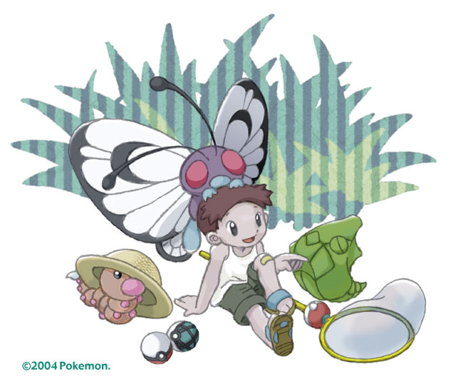 Bulbagarden's tweet photo. 2004 artwork of a Bug Catcher relaxing with his team, illustrated by Asuka Iwashita https://t.co/bnvFVleSxg