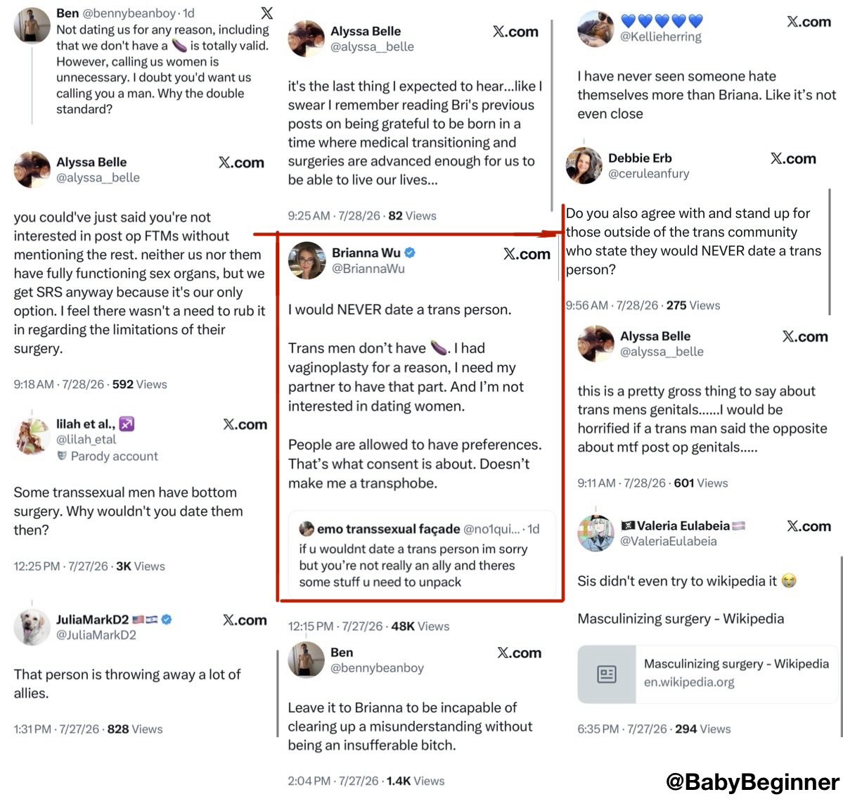babybeginner's tweet photo. Brianna Wu, notorious for the amount of surgeries he has had, posted the other day that he would never date a T person.  Then the backlash began!!  

Here are a few choice responses. https://t.co/UmAJUShQlT
