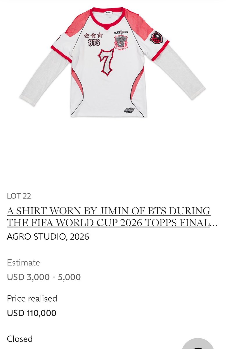 554bts's tweet photo. #Jimin ⚽ハーフタイム衣装

👕110,000ドルで落札🎊
⠀(約1,800万円)

予想落札価格3,000～5,000ドルを大きく上回る価格で落札

https://t.co/5cDktpQ9J9

決勝戦のボールの価格を超えないというマナーまで兼ね備えて素敵✨️👏🏻👏🏻👏🏻 https://t.co/CrT4a1kBYG