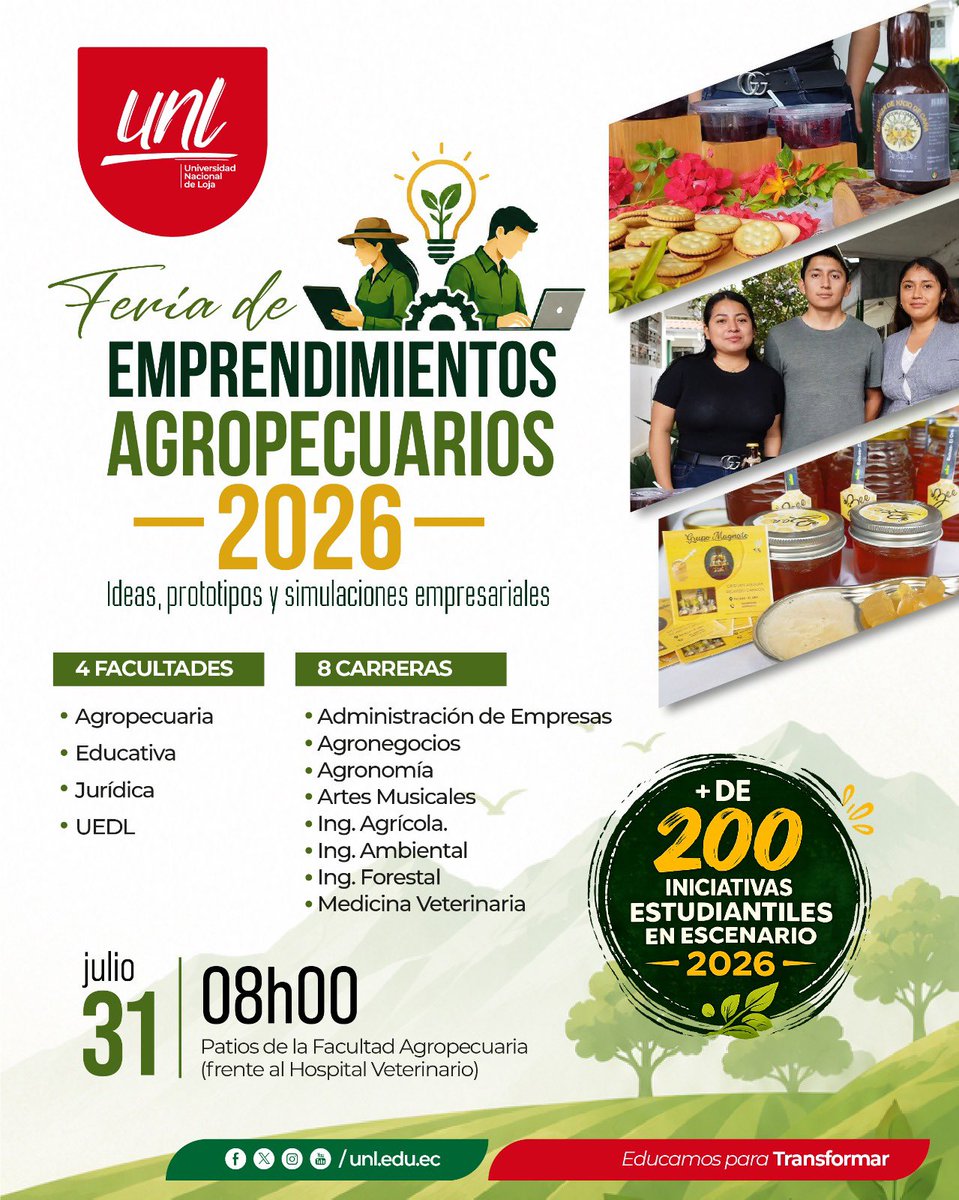 UNLoficial's tweet photo. 👉 ¡Feria de Emprendimientos Agropecuarios 2026!
🌿 Más de 200 proyectos, prototipos y simulaciones de estudiantes de 8 carreras y 4 facultades de la #UNL.
📅 31 de julio | 🕗 08:00
📍 Patios de la Facultad Agropecuaria (frente al Hospital Veterinario)
#EducamosParaTransformar https://t.co/wvtOhM77re