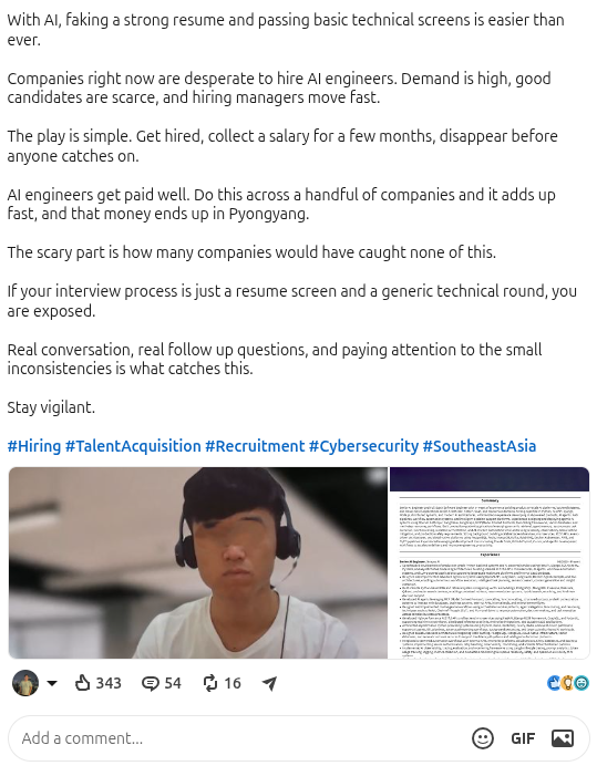 farhanrivaldy_'s tweet photo. anjir gg coy wkwkw
>company open hiring
>ngaku orang Indonesia, lulusan UI
>CV sama LinkedIn keliatan legit
>pengalaman di perusahaan tech besar US + Jakarta
>pas interview isinya buzzword semua
>ditanya ngulik project mulai keteteran
>logatnya Korea
>diduga pekerja IT dari KORUT https://t.co/Ht8teIwx3f