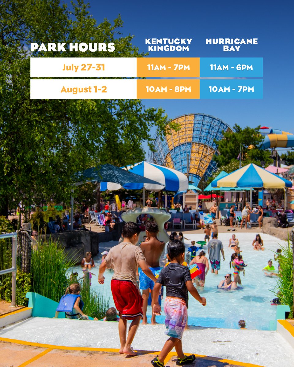 KentuckyKingdom's tweet photo. Daily operations end soon ⏰ Visit during the week while you can!

Our summer daily operation will end on August 5th so make your plans to visit soon before we are weekends only!

🔗 Check our calendar &amp; plan your next visit: https://t.co/b7aOVCKQzg https://t.co/4XEVPz0aIF
