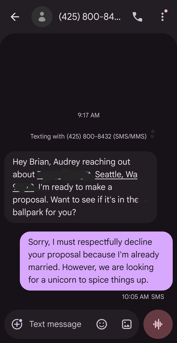 GrayXrp's tweet photo. Another real estate spam text looking to buy our home. Do you think they'll reply to this? https://t.co/c8HwvSCWK2