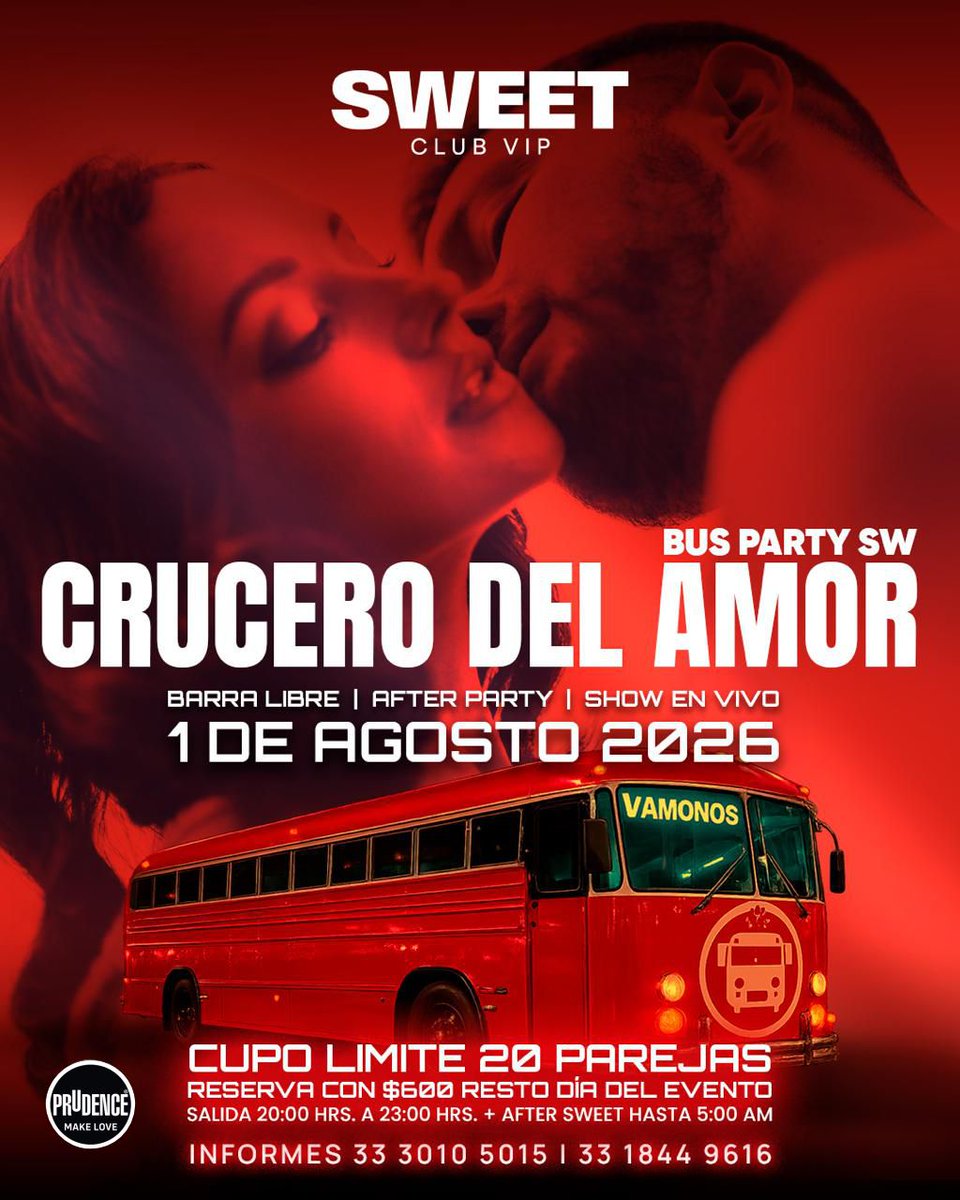Sweetgdlvip's tweet photo. CRUCERO DEL AMOR
Bus Party sw
tenemos una dinámica 50% off
para este evento suban una aportación y a la foto con mas reacciones gana tenemos limite hasta las 7 pm del día de hoy
#busparty
#hotwifetapatía
#swingergdl
#parejasliberales https://t.co/Y4CV9h15Nh