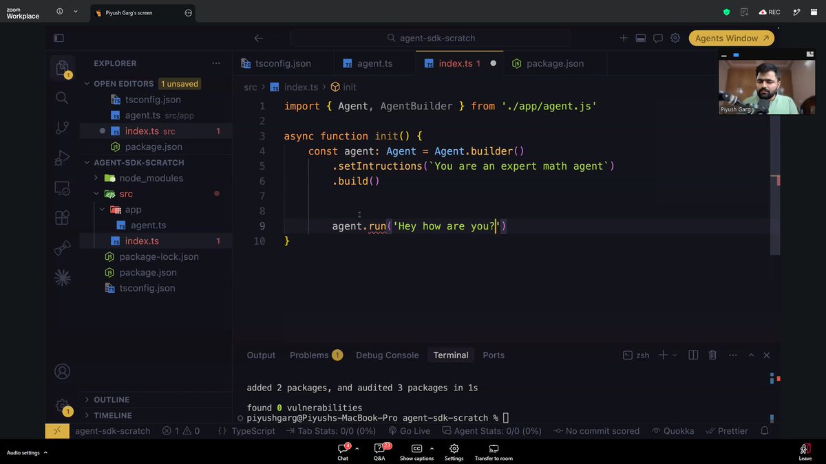 arushkumardev's tweet photo. Today's GenAI class had a twist - TypeScript.

Started building AI Agents from scratch with @piyushgarg_dev.

Piyush sir taught in class:
• Agent SDK
• Tool Calling
• Agent Handoffs
• Streaming AI State
• OpenAI, Claude &amp; Vercel SDKs

#GenAI #TypeScript #AIAgents @chaicode https://t.co/0CqQzKSWbC