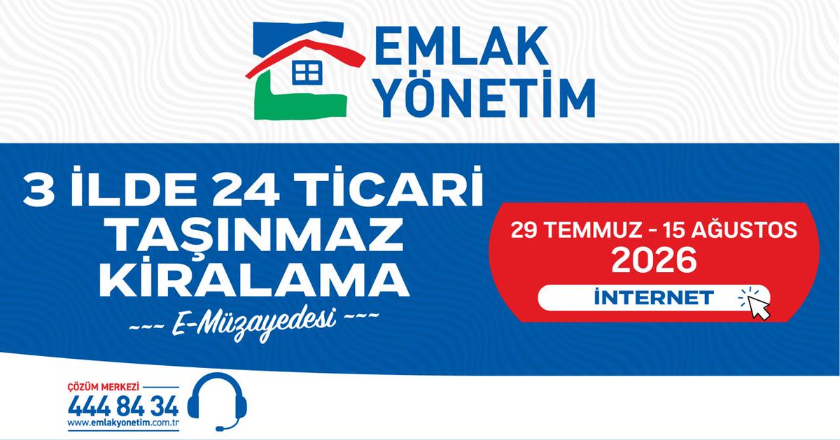 emlak_muzayede's tweet photo. 3 İLDE 24 TİCARİ TAŞINMAZ KİRALAMA E-MÜZAYEDESİ

E-Müzayede: 29 Temmuz - 15 Ağustos 2026
Yatırıma uygun farklı niteliklerdeki ticari taşınmazlar avantajlı kiralama koşullarıyla yatırımcılarla buluşuyor.

İstanbul
Ankara 
Eskişehir

🔷 Avantajlı kiralama koşulları:
* Stratejik lokasyonlarda yüksek ciro potansiyeli
* Tamamen internet üzerinden kolay ve güvenli katılım

E-Müzayede katılımı için: https://t.co/ejvgSWS1tT

Detaylar ve katılım bilgileri için profilimizdeki bağlantıyı ziyaret edebilirsiniz.

#kesfet #kiralık #ticariemlak #keşfet #türkiye #emlakyonetimi #emlakmuzayede #ihale #emüzayede