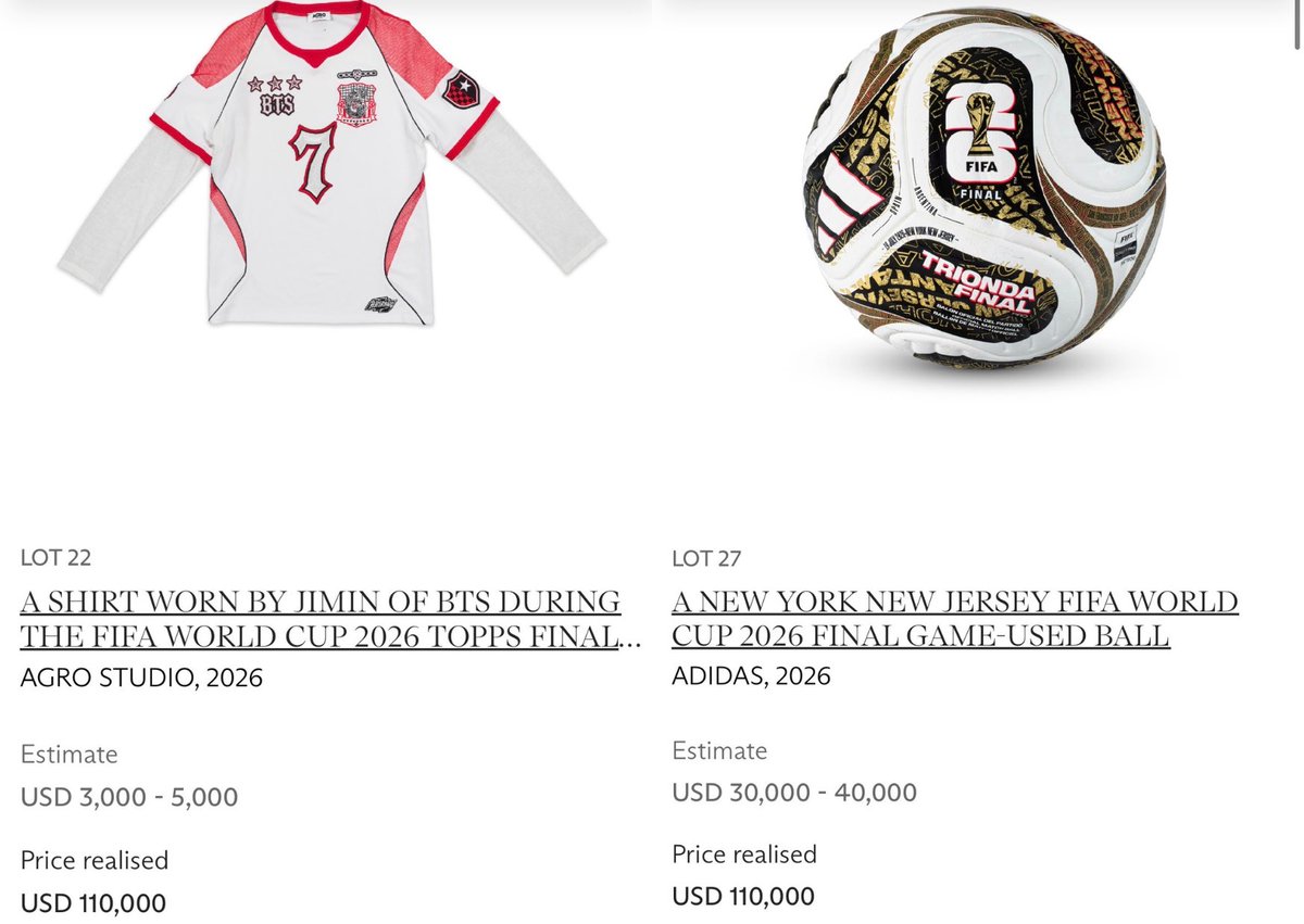 JAMJAMPICS's tweet photo. Jimin’s shirt worn for the half time show has tied with the official ball used for the final game as the highest sold item at the FIFA World Cup charity auction. both sold at $110,000 🏆⚽️ https://t.co/vgPA9v3MMf