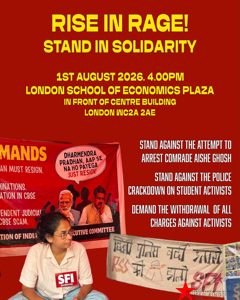 sfi_uk's tweet photo. Not an Inch Back!

Dharmendra Pradhan’s resignation has made one thing clear - resistance strikes fear in the hearts of this government. We stand against the police crackdown, join the solidarity demonstration at LSE in London on 1st August ✊ https://t.co/3K1hth0hVt