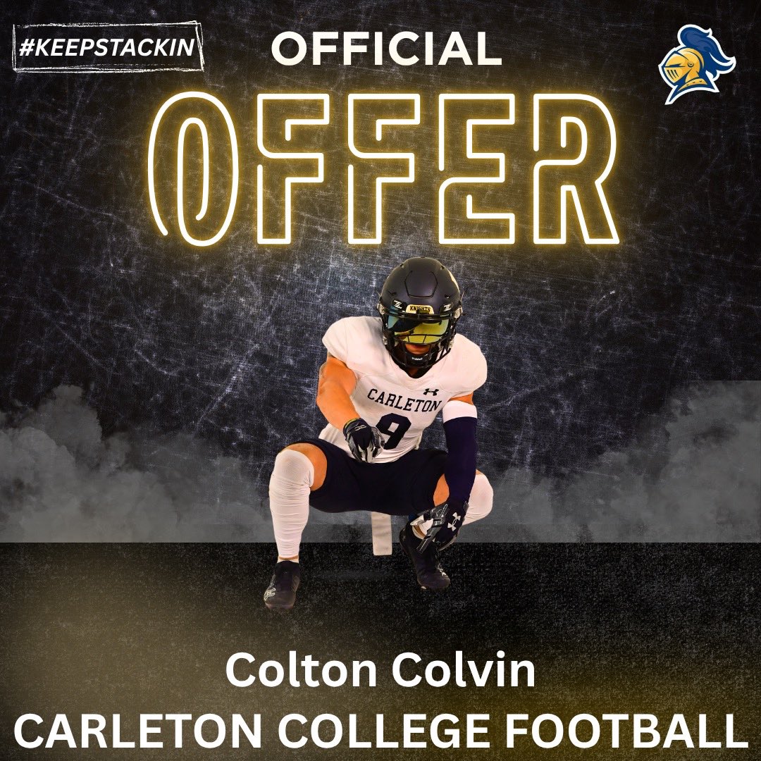 Colton_J_Colvin's tweet photo. After a great visit, I am blessed to say that I have received an offer by Carleton Football. I thank the coaches hosting me for a great visit and I couldn’t have been more grateful. Thank you @CoachJournell,  @AB_Balogh21, and @CoachSamKent for this opportunity. https://t.co/MWYi9KkpPQ