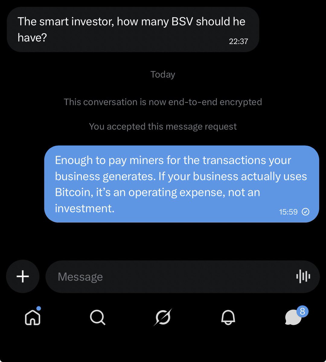 ruidasilva's tweet photo. The biggest misunderstanding in Bitcoin is thinking like an investor instead of an operator.

If your business genuinely uses Bitcoin, the coins you hold are working capital to pay miners for the economic activity you create.

They’re not the business.

They’re an operating expense.

Real adoption begins when people stop asking, “How much Bitcoin should I own?” and start asking, “How much value can my business create using Bitcoin?”